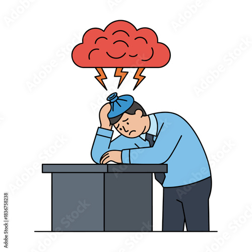 Stressed businessman with headache at desk under storm cloud symbolizing work stress illustrating mental health and corporate struggles for articles.