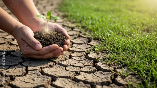 Human Hands Protecting Seedling on Dry Land Transition
