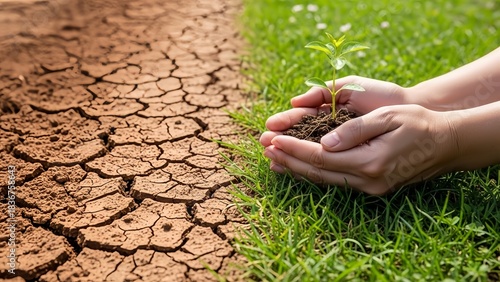 Green Seedling in Hands Over Cracked Soil and Grass