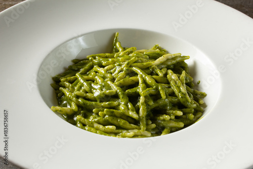 Tableau sur toile A view of a plate of trofie pesto pasta.