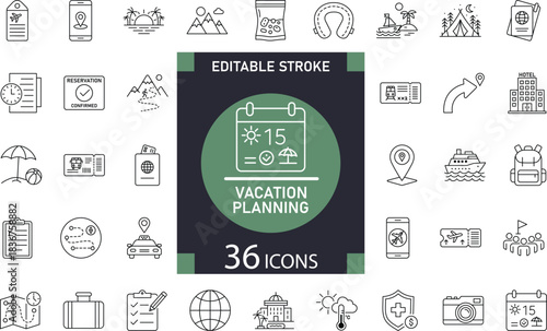  Minimal Vacation Planning line icon set for travel booking, itinerary, maps, luggage, flights, and holiday essentials