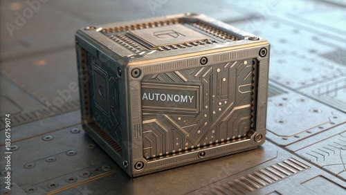 Fototapeta Naklejka Na Ścianę i Meble -  Futuristic metallic cube with intricate circuit design and the word 