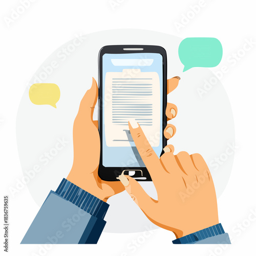 スマートフォンを持つビジネスパーソンの手と吹き出しのベクターイラスト　チャット、メッセージ