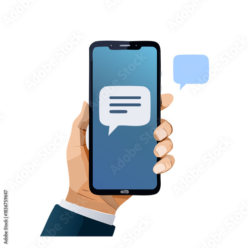 スマートフォンを持つビジネスパーソンの手と吹き出しのベクターイラスト　チャット、メッセージ