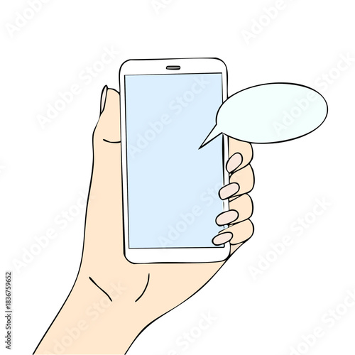 スマートフォンを持つビジネスパーソンの手と吹き出しのベクターイラスト　チャット、メッセージ