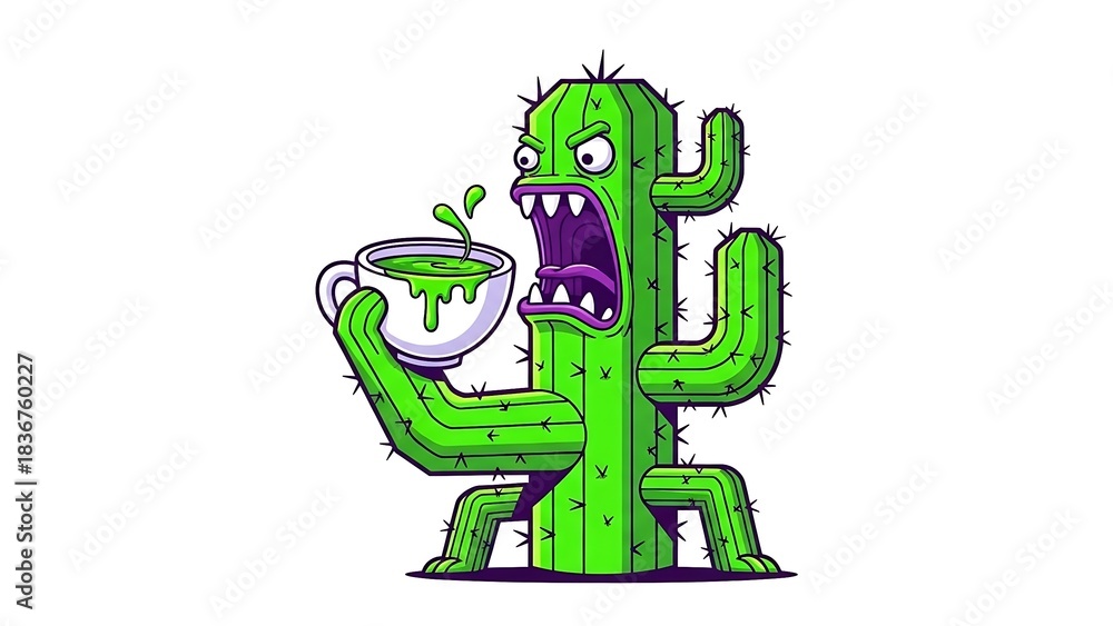 Obraz premium Angry Cactus Monster Holding Green Drink Vector Illustration