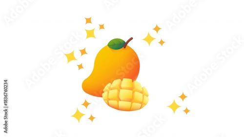 Looping animation of a fresh yellow mango with sliced cubes and sparkling sparkle effects on a transparent background. Ideal for food themes, tropical visuals, summer projects, and creative designs.