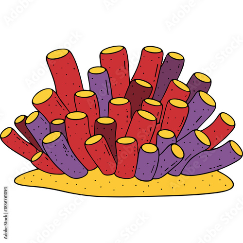Vibrant Red And Purple Tubular Coral Structures Growing From Sandy Seabed Underwater Marine Life And Ocean Ecosystem