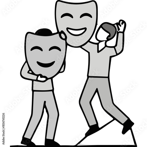 Two Stylized Figures Holding Happy Theater Masks Against a Black Background Representing Performance and Emotion with a Sense of Joy and Theatricality