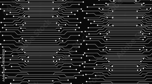 Modern technology black circuit board texture or pattern. Web background design. Futuristic black circuit board on tech bg. Abstract backdrop template. Great for web presentations and banners. Vector