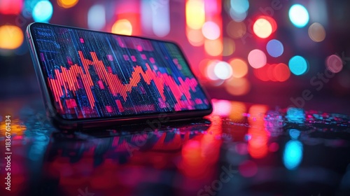 Stock market chart displayed on smartphone screen at night with bokeh