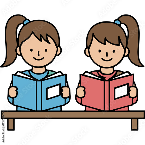 Two young girls with brown ponytails sitting at a wooden desk reading open books one blue and one pink with white pages and black text on a black background educational concept