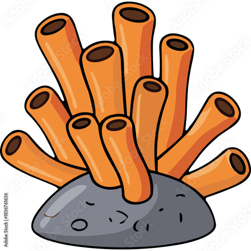 Vibrant Orange Tube Coral Growing on Gray Rock in Underwater Marine Environment Simple Illustration Style