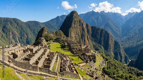 Panoramic view of Machu Picchu stone ruins and mountains in Peru