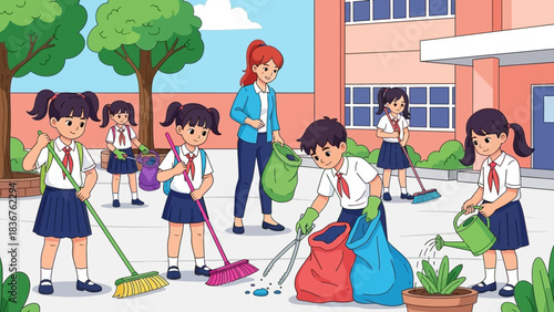 Bright Vector Illustration of School Children and a Teacher Cleaning the Courtyard During a Community Clean-Up Activity