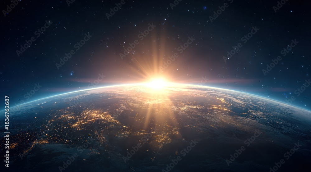 Obraz premium Earth's illuminated horizon, sunburst, stars in a dark blue space. Detailed view of planet