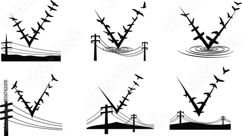 Flying birds forming V-shape silhouette over power lines and landscapes, dynamic flock movement vector illustration for nature, wildlife, migration themed artwork