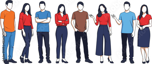 Full-length vector illustration of diverse young adults and casual people in different poses, standing, talking, and interacting as an outline drawing