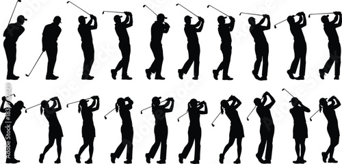 Golf swing motion sequence, professional golfer poses, dynamic movement, sports action, male and female athletes, fitness lifestyle, outdoor sport