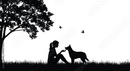 Girl silhouette sitting with dog under tree in nature, peaceful outdoor moment, friendship and bonding scene, calm landscape illustration design