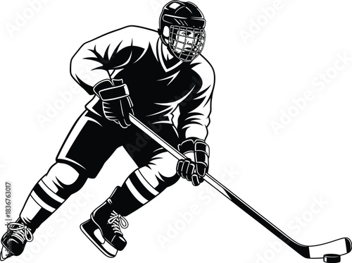 Dynamic black and white illustration of a determined hockey player skating vigorously on the ice with his stick