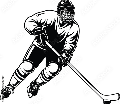 Dynamic black and white illustration of a determined hockey player skating with stick ready for action