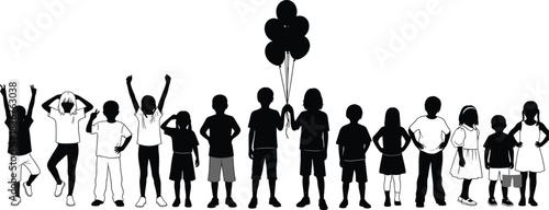 Group of diverse boys and girls silhouettes standing together in a line, some raising hands and holding balloons, symbolizing joyful childhood, friendship, and positive energy in vector art