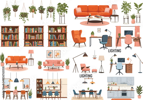 Collection of modern interior design scenes featuring living rooms home offices and dining areas with plants