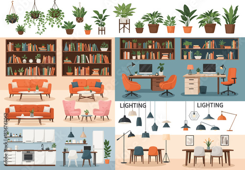 Collage of modern home interiors showcasing living rooms offices kitchens and dining areas with plants