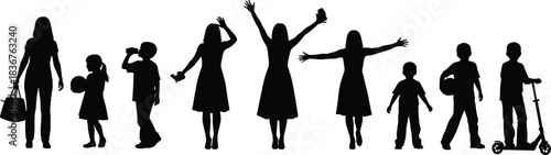 Group silhouette of adults and children standing, playing, cheering and posing together in various active positions for lifestyle family illustration design