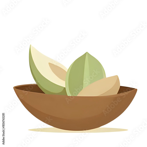 Stylized illustration of a simple brown bowl filled with fresh, healthy, light green and pale brown fruit or nut pieces, perfect for a natural snack or ingredient in a balanced diet