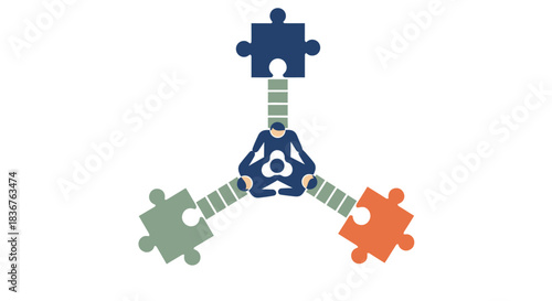 Man connected to three puzzle pieces isolated on concept of connection, collaboration, and problem solving