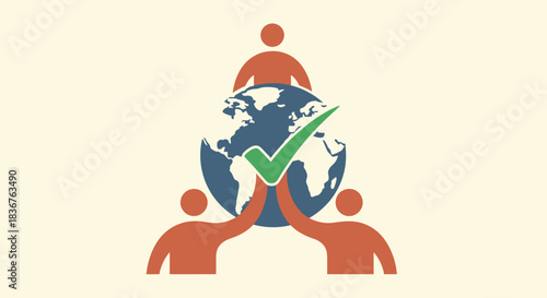A symbol of global cooperation and success, with people supporting the world and a checkmark, representing achievement and unity