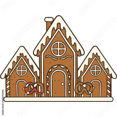 Whimsical Gingerbread House Village Scene Decorated with Icing and Pretzel Accents Festive Holiday Sweet Treat Architecture Concept