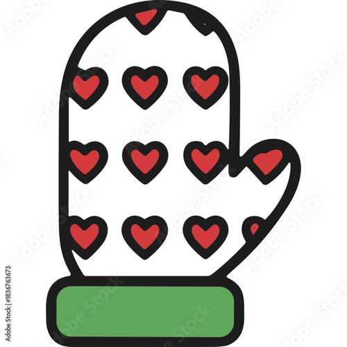 White Mitten With Red Hearts Pattern Green Cuff Cozy Winter Accessory Holiday Season Festive Warmth Protective Handwear