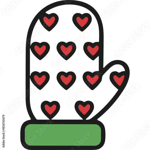 White Mitten with Red Heart Pattern and Green Cuff Isolated on White Background Festive Winter Accessory for Cold Weather Protection Cozy Hand Warmers