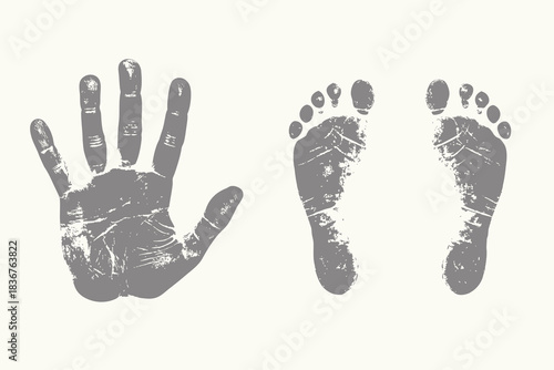 Isolated Hand-drawn sketch fingerprint marks illustration. human palm and soles, body marks art, fingerprint pattern, grunge texture prints engraving style. Eps 10