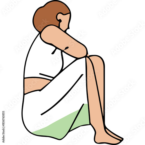 Woman in white tank top and long skirt sitting with arms crossed and knees pulled up to chest showing side profile on a black background with light green shadow