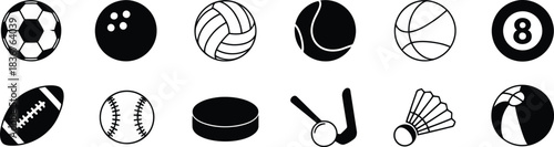 A collection of black silhouette icons depicting various sports balls and equipment on a white background