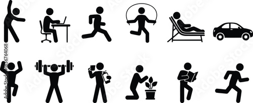 A collection of black silhouette figures performing various daily activities and routines on a white background