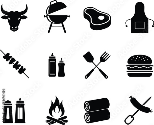 A complete set of black barbecue and grilling related icons arranged clearly on a white background