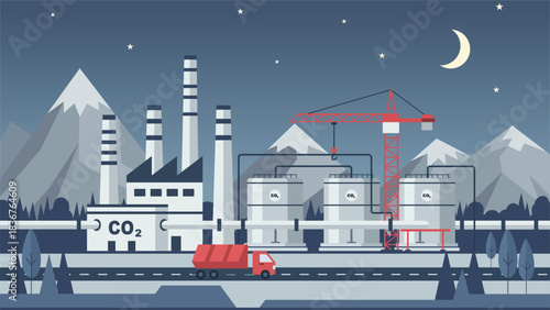 Industrial carbon capture and storage facility with CO2 tanks crane and transport truck at night showing climate solution emission control and clean tech