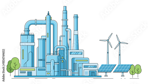 Clean energy industrial factory showing pipes wind turbines and solar panels representing renewable power system sustainable industry and green technology