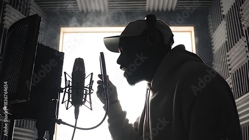 Silhouette of Male Rapper passionately recording vocals in professional studio booth with acoustic foam background, backlit cinematic lighting, 8k
