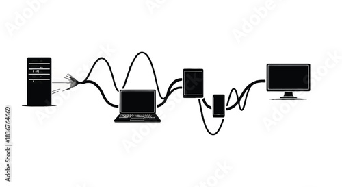 Connecting digital devices and a server with a complex network of cables and data flow