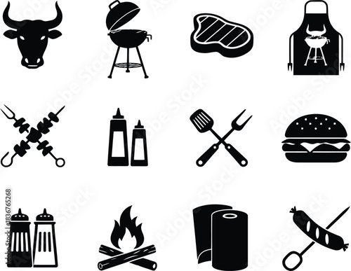 A comprehensive set of black silhouettes depicting various grilling tools and mouth watering foods for barbecue events