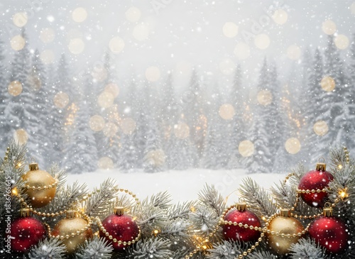 A festive winter scene with snow-covered fir branches, red and gold Christmas ornaments, and sparkling lights against a snowy forest background with falling snow and bokeh.