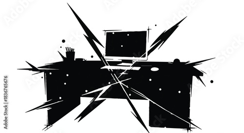 Chaotic desk with computer and radiating energy bursts, symbolizing stress or creative overload.