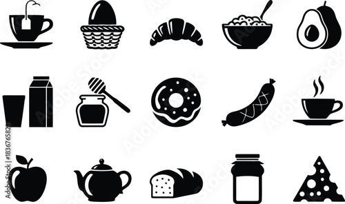 A diverse group of stylized black silhouette icons showcasing popular morning meal and kitchen staple ingredients