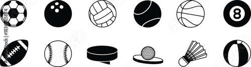 A diverse collection of black silhouette icons representing various popular sports balls and athletic equipment